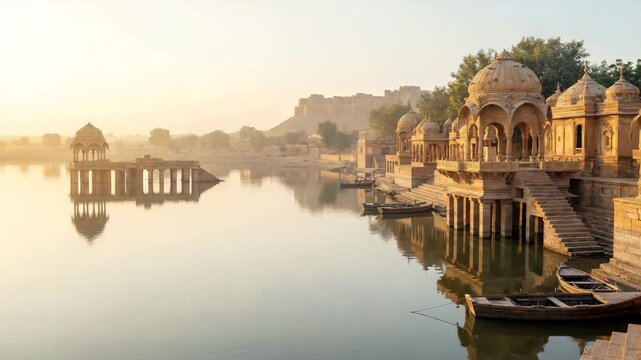 morning view of gadi sagar temple at gadisar lake jaisalmer video