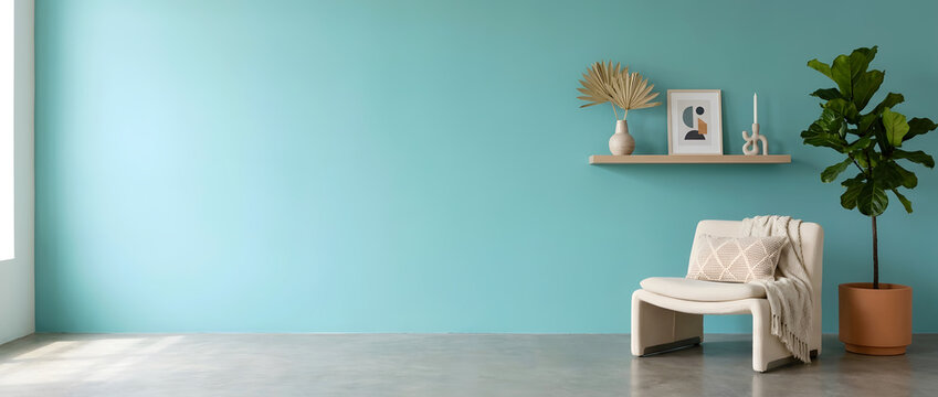 Minimalist living room interior with white armchair near mint wall background with copy space and fiddle leaf fig plant in pot