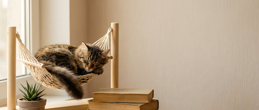 Fluffy Tabby Cat Sleeping in Macrame Hammock by Window with Books, Succulent and Copy Space on Warm Interior Background
