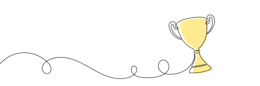 Continuous one line trophy award drawing prize icon outline medal. Trophy award single design cup drawn check vector achievement quality basketball badge office illustration best corner golden work