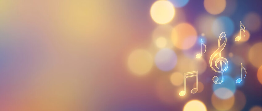 Abstract Musical Banner with Glowing Treble Clef and Notes on Light Bokeh Background with Copy Space