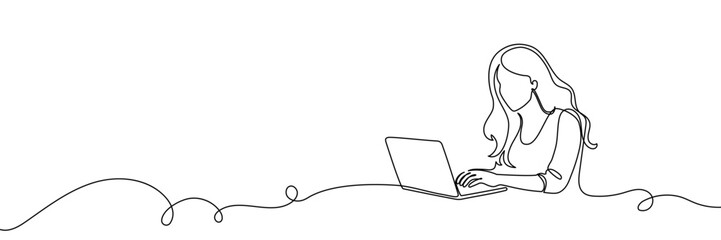 Continuous one line laptop woman computer drawing work desk art. Laptop woman computer outline sketch girl vector worker office customer screen doctor draw healthcare person typing pc businesswoman.