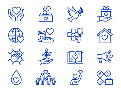 Charity and Donation Icon Set - Humanitarian Aid, Social Welfare, and Volunteer Work Linear Symbols
