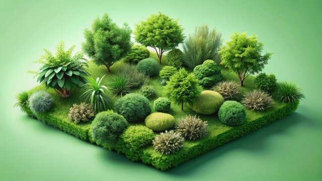 A lush miniature landscape showcasing diverse green flora, a vibrant array of shrubs and trees thriving together in a verdant ecosystem, a tranquil miniature garden scene