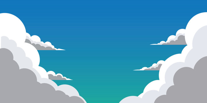 Blue sky cloud vector illustration in flat design style featuring layered soft clouds with open space center, ideal for backgrounds, banners, wallpapers, weather apps, and creative design use