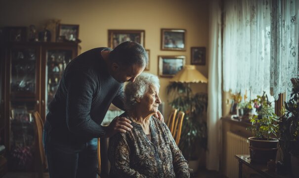 Caring grandson gently comforts his elderly grandmother with a loving touch and supportive gesture at home