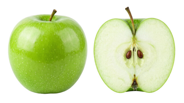 Fresh organic ripe green granny smith apples whole and sliced over a transparent background
