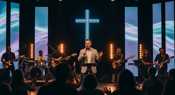 Expressive male preacher delivering passionate Christian sermon on a modern church stage featuring an illuminated cross and live musical worship band during a contemporary religious service.