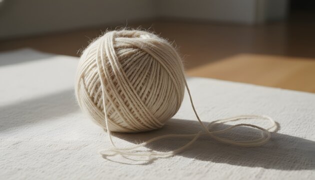 Ball of yarn on a soft white cloth for National Pet Day, representing a playful toy and domestic pet accessory concept in a warm sunny interior atmosphere