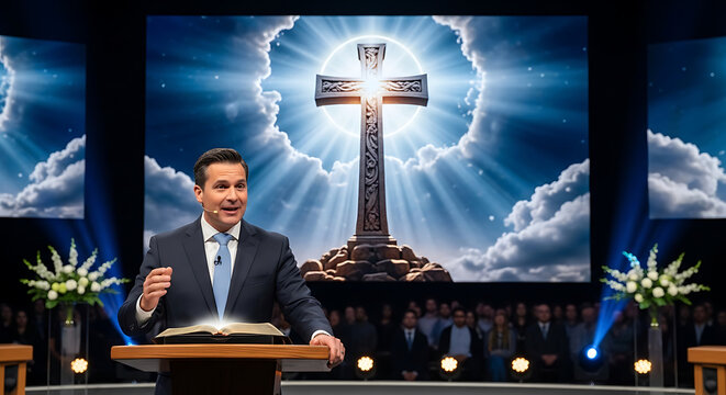 Charismatic male preacher delivering powerful Christian sermon holding open holy Bible on stage before engaged audience with glowing religious cross symbol in bright contemporary church setting.