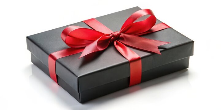 A sophisticated black gift box adorned with a vibrant red ribbon, meticulously tied into a classic bow, ready for a special occasion