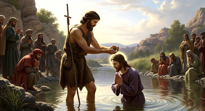 Sacred Christian baptism ritual depicting John the Baptist anointing Jesus Christ with holy river water during a spiritual religious ceremony of purification and faith in a biblical setting.