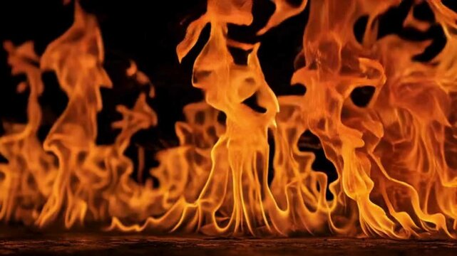 Intense Flames Burning with Dynamic Movement Against Black Background