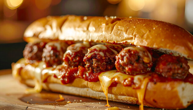 Meatball sub sandwich with cheesy meatballs and marinara sauce, tasty food, delicious snack, blurred kitchen background. Cooking and culinary