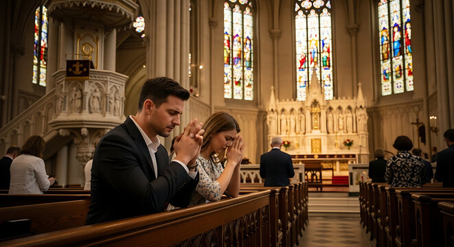 Devout man and woman kneeling in prayerful pose inside an ornate cathedral during a holy Christian worship service for faithful believers and religious congregation in sacred sanctuary.