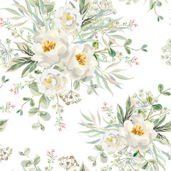 Obraz premium Peony, rose flowers, green leaves, greenery, white background. Floral illustration. Vector seamless pattern. Botanical design. Garden nature plants. Romantic wedding bouquets