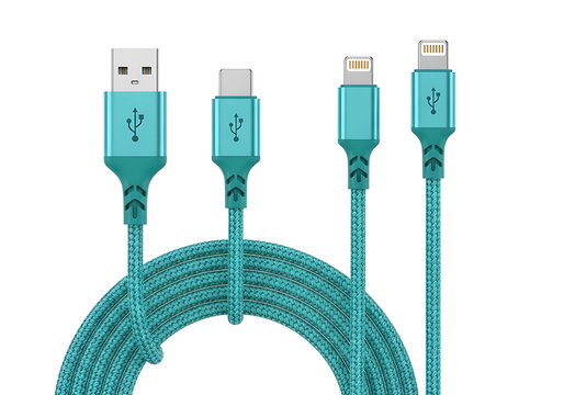 Teal usb and lightning charging cables isolated on white background