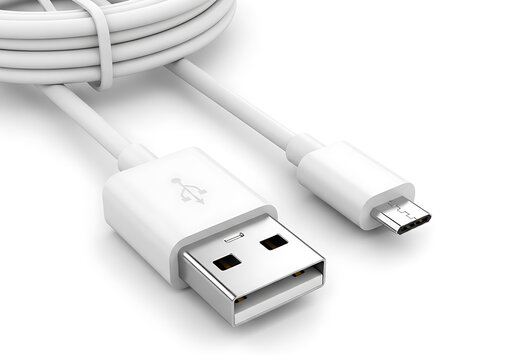 White usb to micro usb charging cable isolated on white background