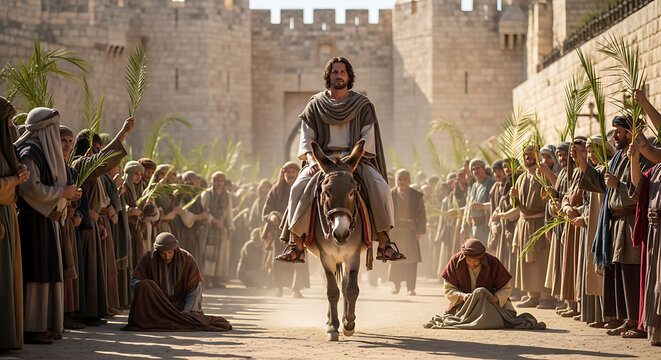 Biblical depiction of Jesus Christ riding a donkey during the Palm Sunday procession into Jerusalem, portraying the sacred entrance of the Messiah in a historic spiritual and religious scene.