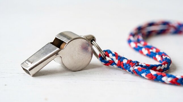 Close-up shot of a metal whistle with a red, white, and blue braided cord, ready for use in sports or signaling