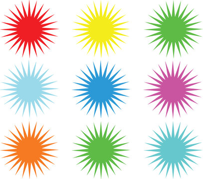 Colorful Starburst Vector Set Featuring Red, Yellow, Green, Blue, Pink, and Orange Explosive Designs for Vibrant, Dynamic, and Creative Graphics.