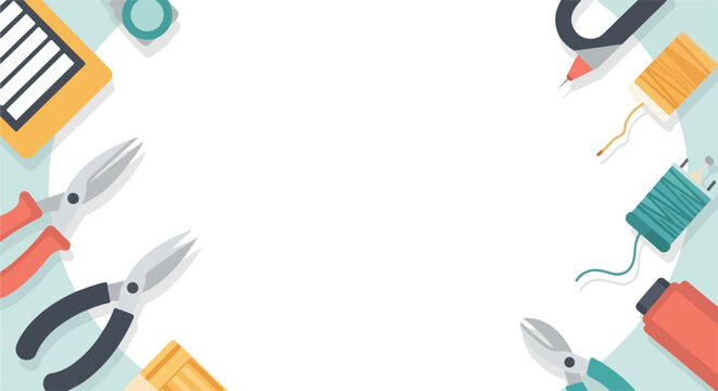 A flat-style vector illustration depicts crafting and repair tools like pliers and thread spools bordering a central white space for copy.