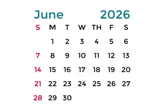 June 17, 2026 calendar with light blue writing on a white background