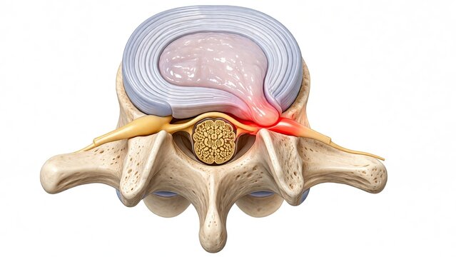 Herniated disc in human spine with nerve compression highlighted in red isolated on white background