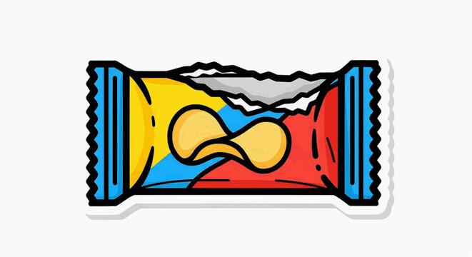 A colorful illustration of a wrapped candy bar with a torn open packaging