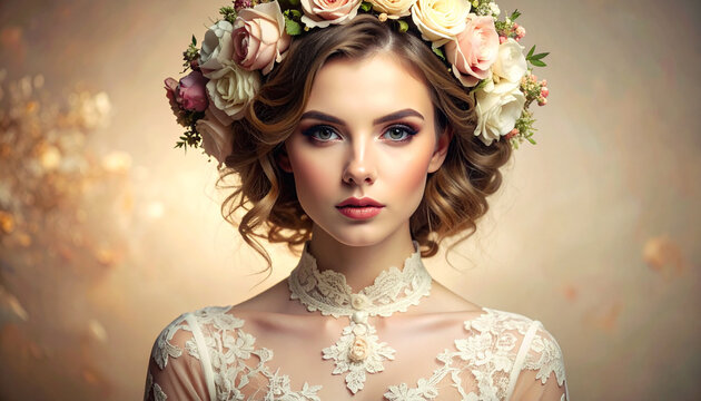 Luxury portrait of a woman wearing a floral crown and lace outfit with smooth lighting transitions.