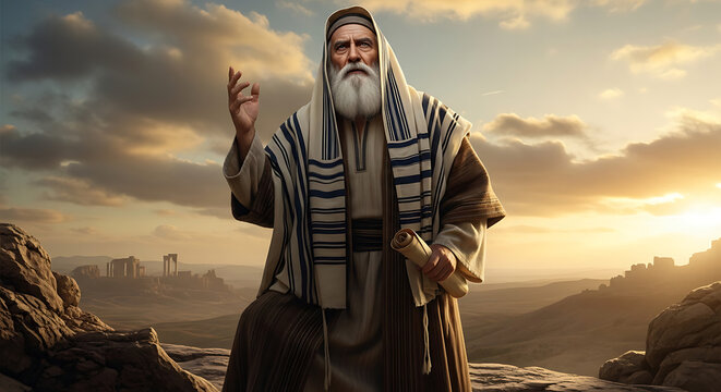Historical Jewish Elder and Wise Pharisee Wearing Traditional Ancient Robes, A Biblical Patriarch Figure from the Middle East with a Long White Beard and Profound Expression of Faith.