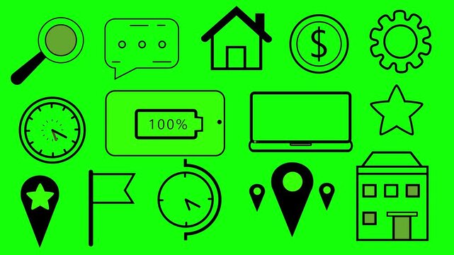 Minimal White Line Icons Animation on grin Background &ndash; UI Symbols 4K Loop.bangla blo