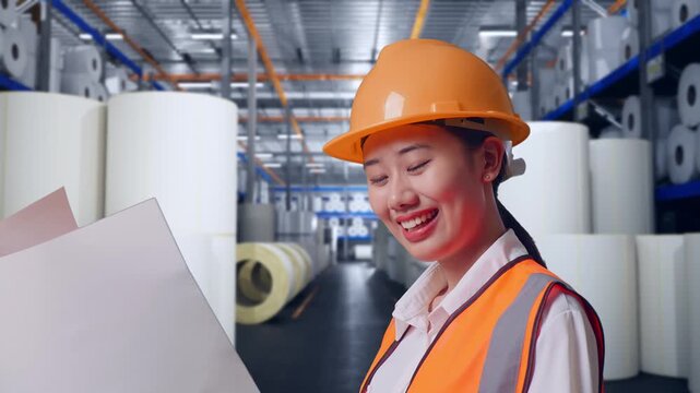 Close Up Side View Of Asian Female Engineer With Safety Helmet Looking At Blueprint In Her Hands While Standing at Warehouse with Rows of Stacked White Polymer and Paper Rolls