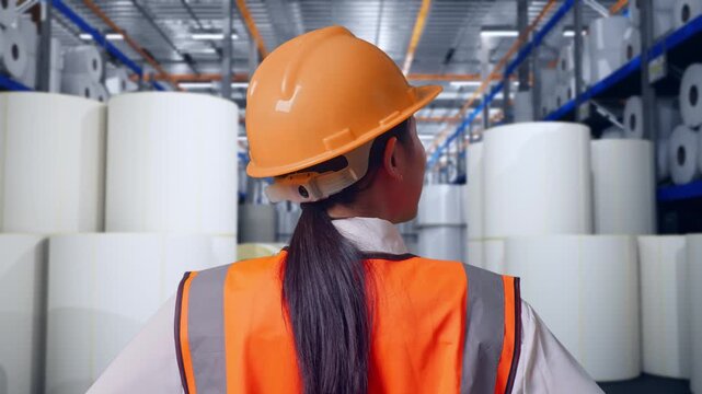 Close Up Back View Of A Female Engineer Wearing Safety Helmet Looking Around While Standing With Arms Akimbo at Warehouse with Rows of Stacked White Polymer and Paper Rolls