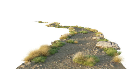 Naklejka premium Winding Dirt Path with Grass, Rocks and Vegetation Isolated on Transparent Background. 3D rendering.