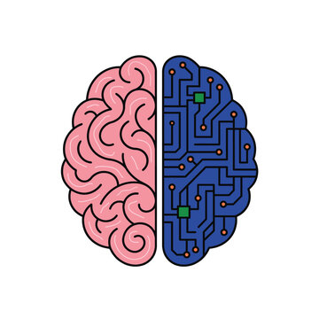 A split brain illustration shows a pink organic half and a blue circuit board half side by side.