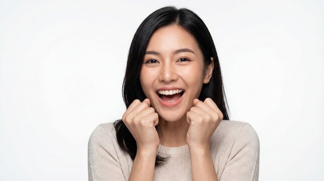 A captivating close-up portrait of an Asian woman exudes pure joy, excitement, and a sense of happy anticipation, her expressive face tells a story of elation.