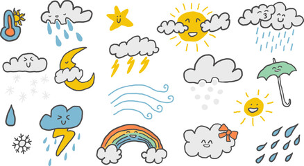 Naklejka premium weather forecast set in hand drawn style in vector. Element for design advertisement mail posts poster print postcard banner decor backgrounds