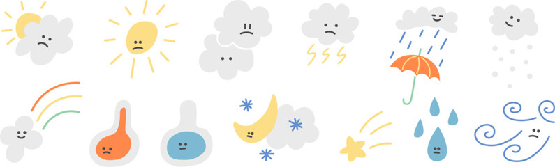 Naklejka premium weather forecast set in doodle style in vector. Element for design advertisement mail posts poster print postcard banner decor backgrounds