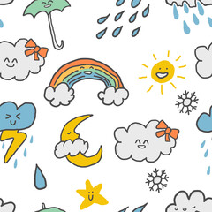 Naklejka premium Seamless pattern with weather symbols in hand drawn style.Element for decoration design mail posts postcards poster print invitation background backdrop wrapping wallpaper banner textile