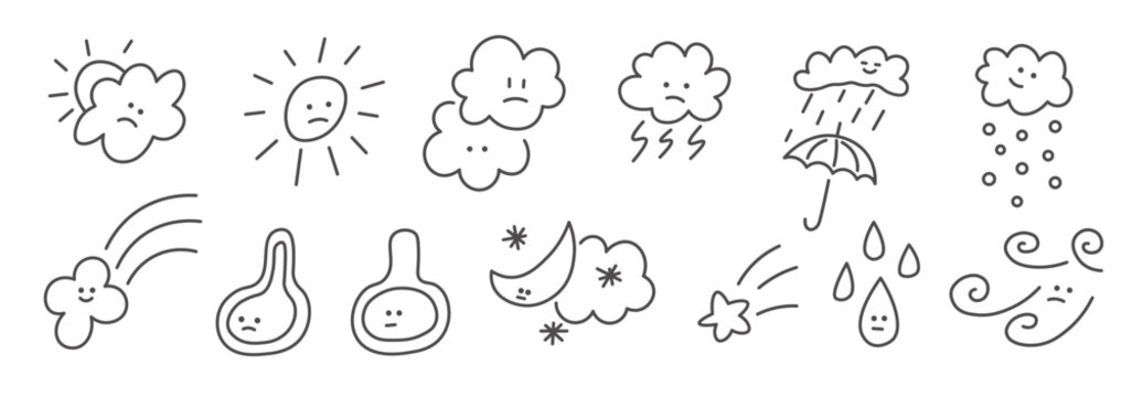 weather forecast set in doodle style in vector. Element for design advertisement mail posts poster print postcard banner decor backgrounds