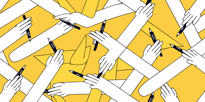 intertwining arms holding pens against yellow geometric background