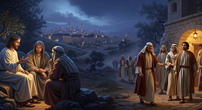 Biblical Scene Depicting Jesus Christ Engaging in Deep Spiritual Conversation with a Samaritan Woman Carrying a Water Pitcher and Meeting Nicodemus for a Religious Narrative Discourse