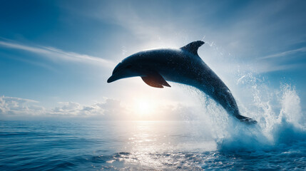 Fototapeta premium Dynamic dolphin jump over ocean with sunburst