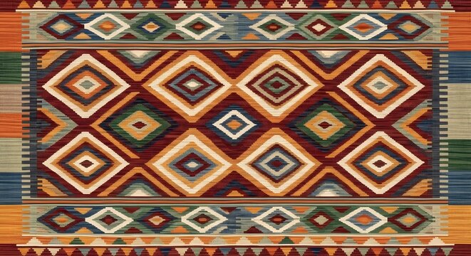 Traditional kilim rug features a vibrant geometric diamond pattern with rich southwestern colors and intricate woven textures that create a beautiful artistic display perfect for adding warmth