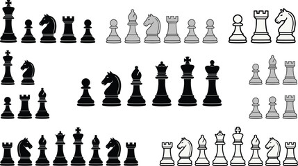 Chess pieces silhouette set with king queen rook bishop knight and pawn isolated collection © MdShah
