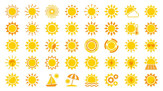 Extensive vector sun icon collection, illustrating diverse weather conditions, summer leisure, energy concepts, and abstract designs, ideal for modern graphic interfaces