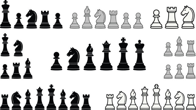 Chess pieces silhouette set with king queen rook bishop knight and pawn isolated collection