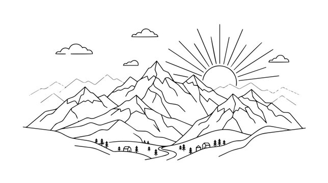 Mountain landscape with rising sun in outline style. The image showcases the beauty of nature with simple lines