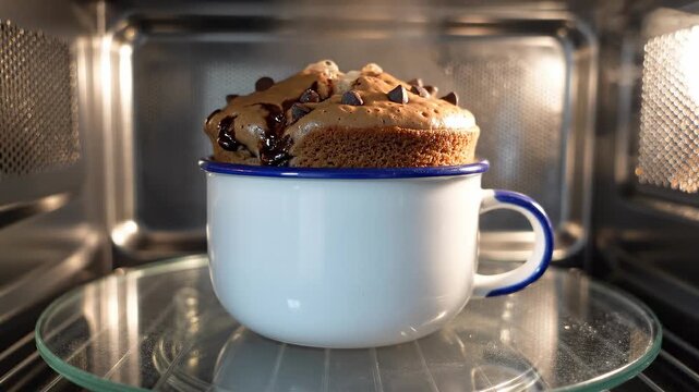 Mug cake batter rising in a white ceramic cup inside a microwave with chocolate chips